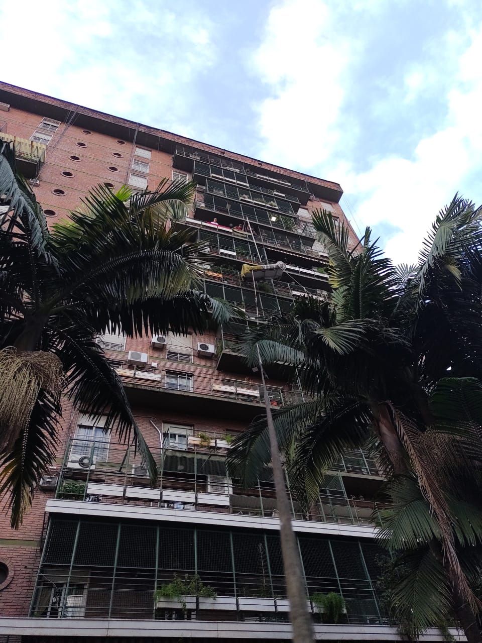 Alto edificio de ladrillo con múltiples balcones, parcialmente oculto por palmeras, bajo un cielo nublado.