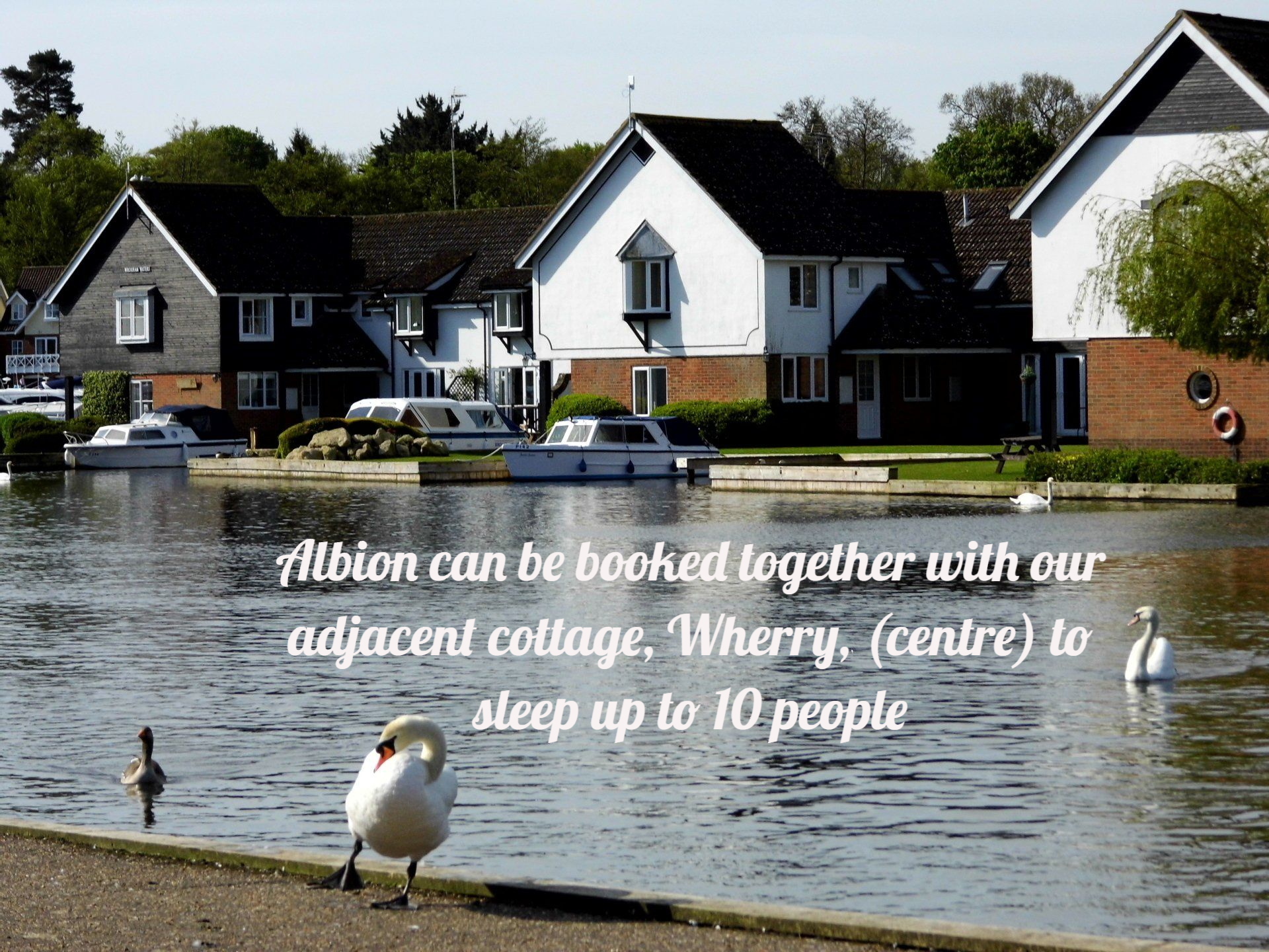 Peninsula Cottages on bank of River Bure, Wroxham, Norfolk