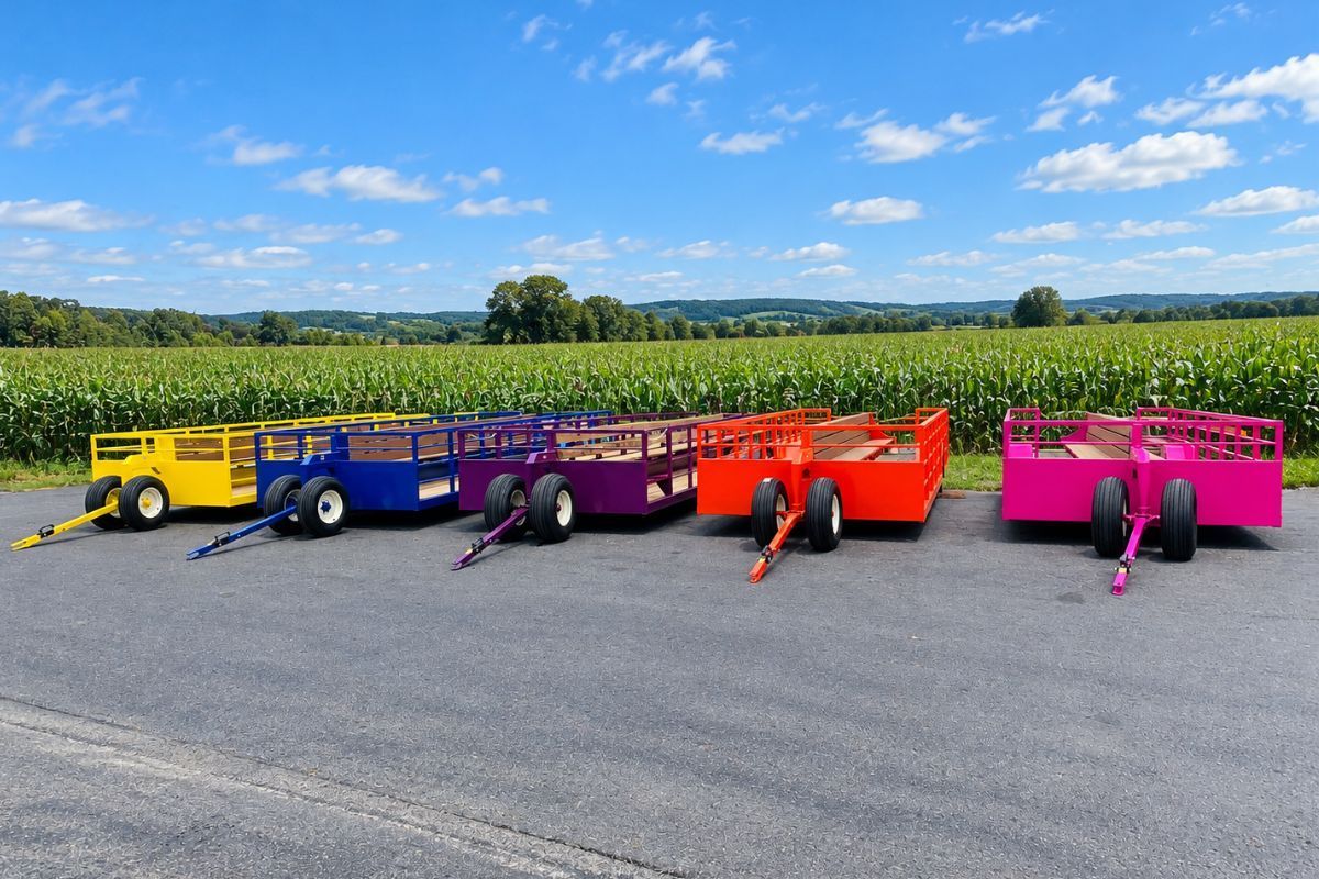 Custom Color hayride wagons in yellow, blue, purple, orange and pink Stoltzfus Manufacturing