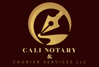 A gold logo with a fountain pen nib inside a crescent on a dark background, reading 