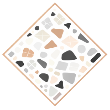 Un design di piastrelle a forma di diamante caratterizzato da un motivo terrazzo di frammenti di pietra astratti grigi, beige e bianchi sparsi.