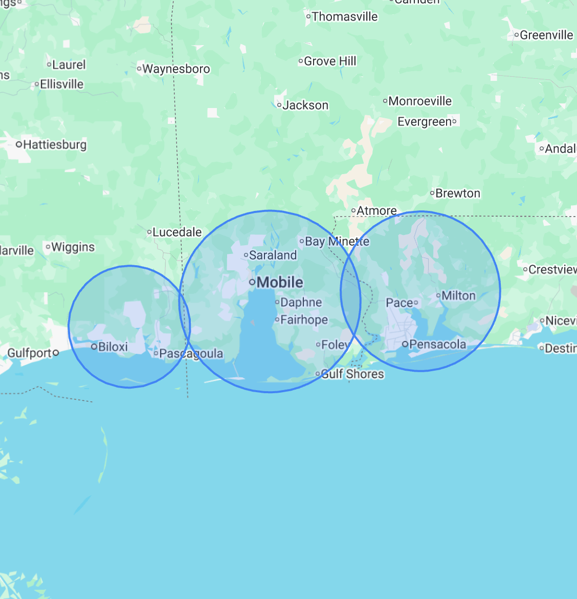 Map of the Gulf Coast with three overlapping blue circles centered on various cities.