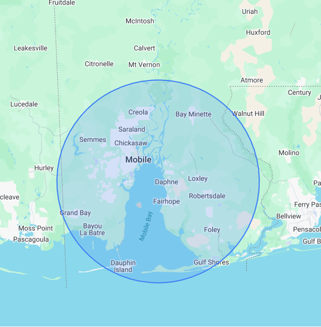 Map of Mobile, Alabama, with a blue circular area highlighting the surrounding region.