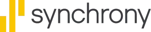 Logo for Synchrony, featuring yellow vertical lines and the company name in gray.