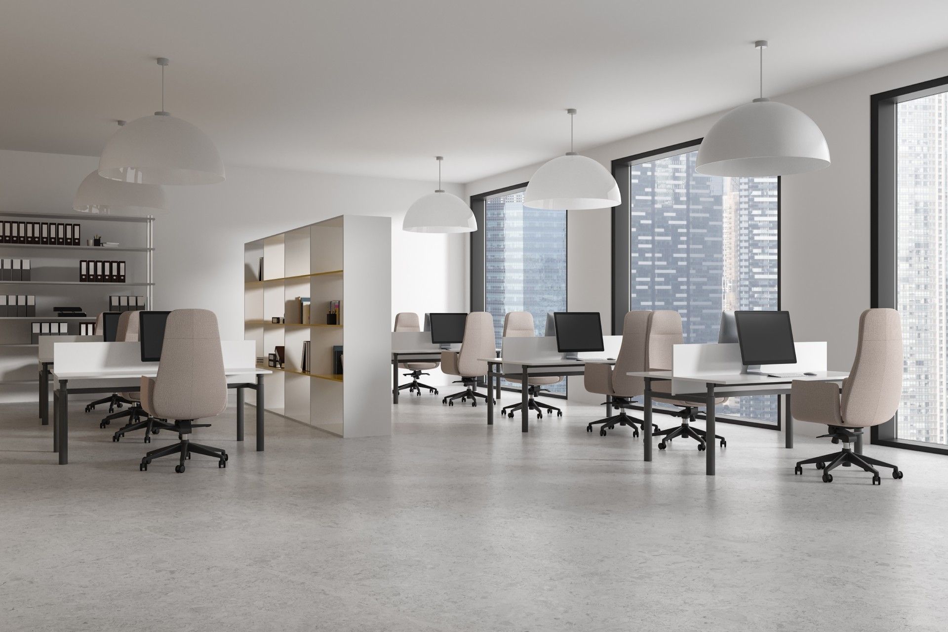 An empty office with tables and chairs and a lot of windows.