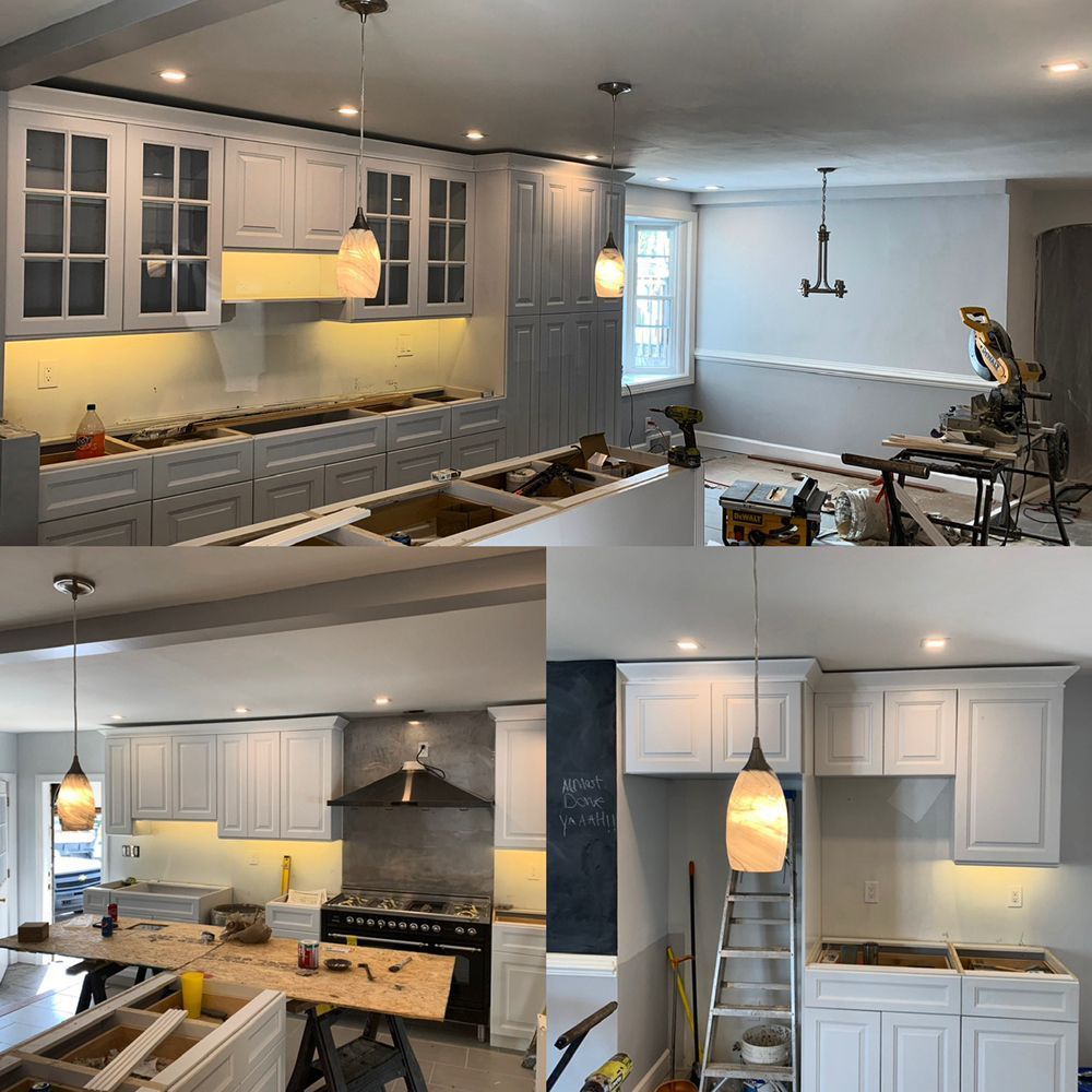 A collage of pictures of a kitchen under construction