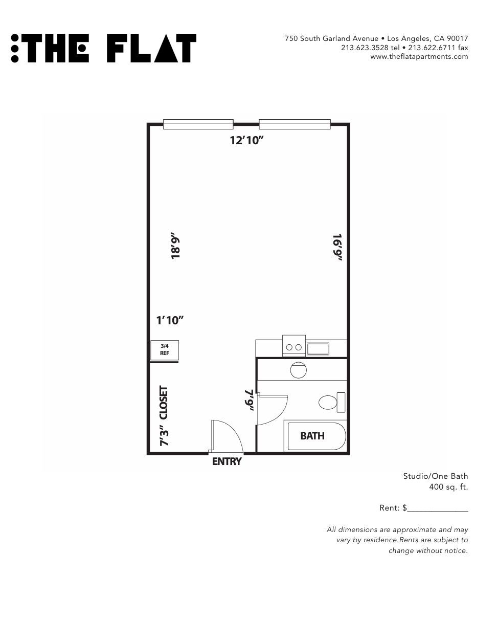 Floor plan labeled “THE FLAT” showing a narrow rectangular apartment layout with rooms and measurements.