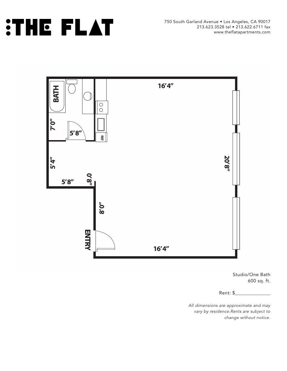 Floor plan labeled “THE FLAT” showing room layout and dimensions.