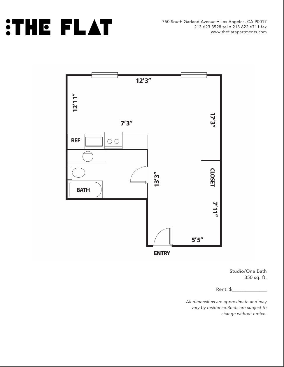 Black-and-white flat floor plan with room measurements and a small kitchen area.