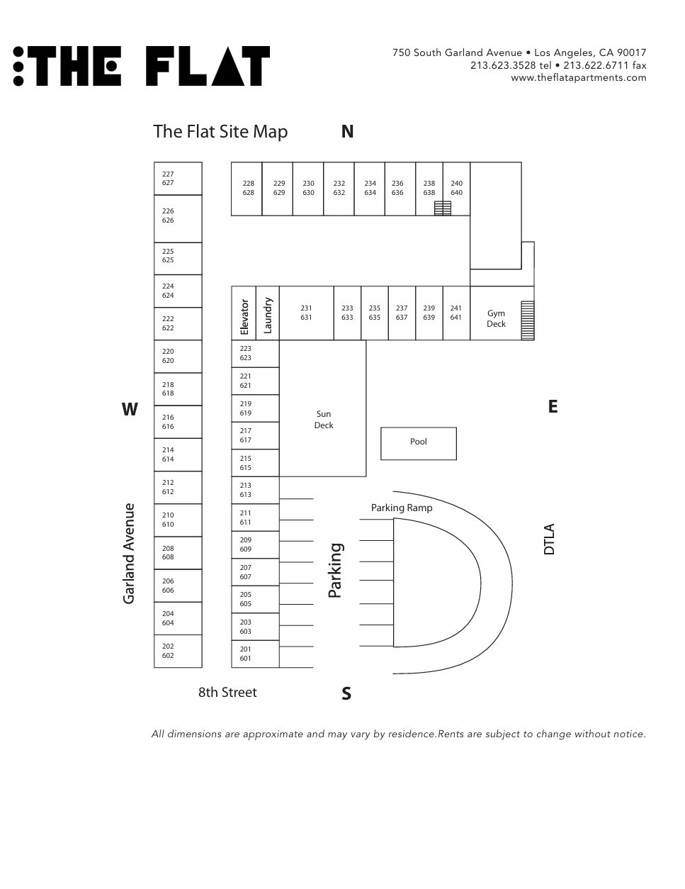 Floor plan labeled “The Flat” with room layout, compass directions, and a curved driveway or patio area.
