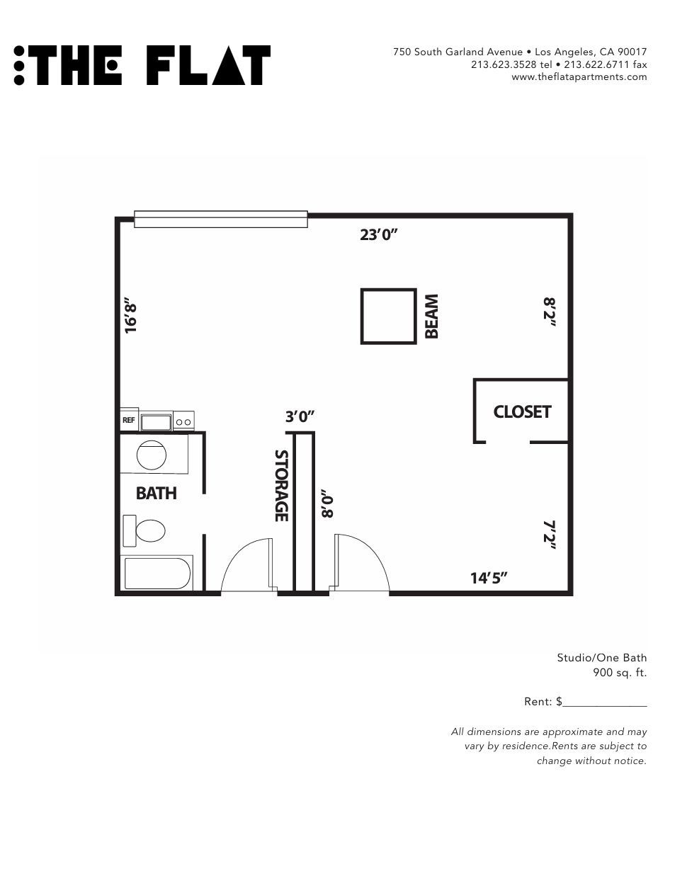Apartment floor plan showing a room, bath, closet, and dimensions.