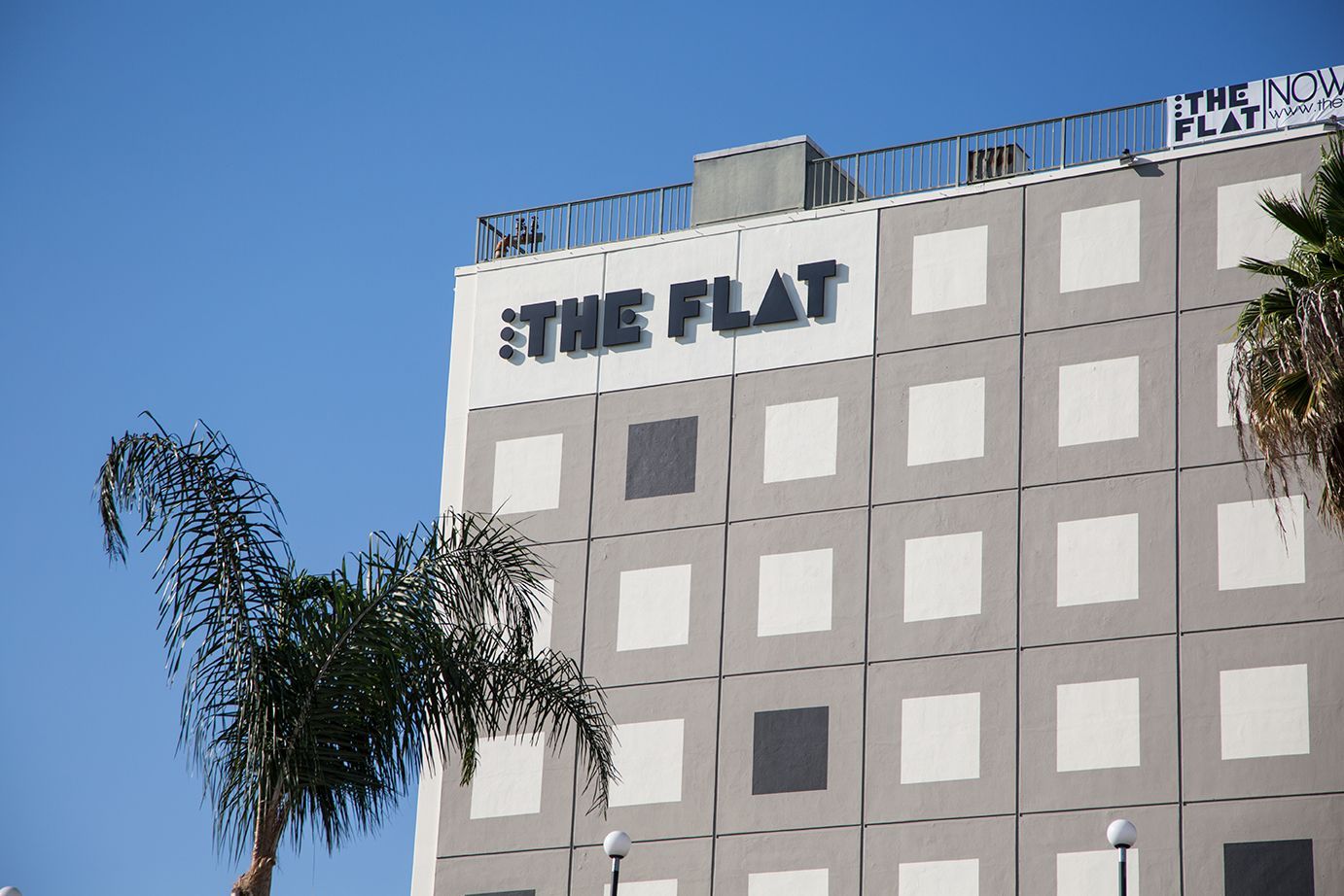 The Flat apartment building with gray facade and palm trees under a blue sky