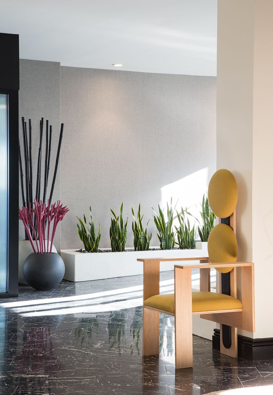 Modern indoor lounge with glossy black floor, wooden chair, and potted plants by a bright window
