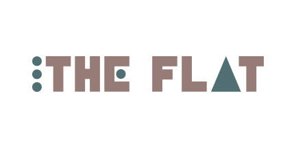 Logo text “THE FLAT” in brown with teal dots on the left.