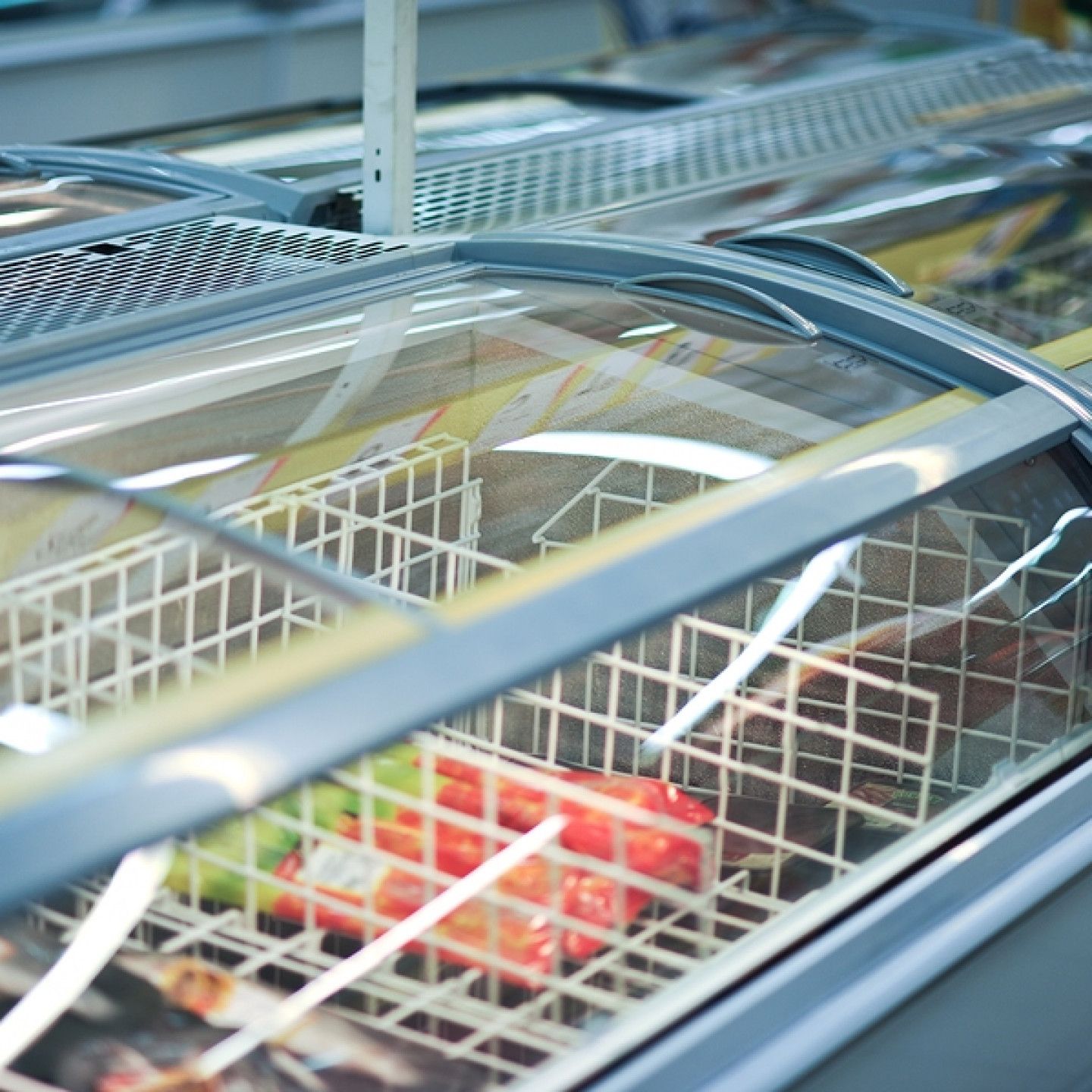 A freezer filled with vegetables including tomatoes and green peppers