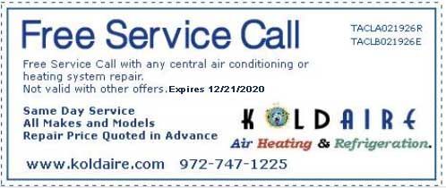 A free service call coupon for koldaire air heating and refrigeration
