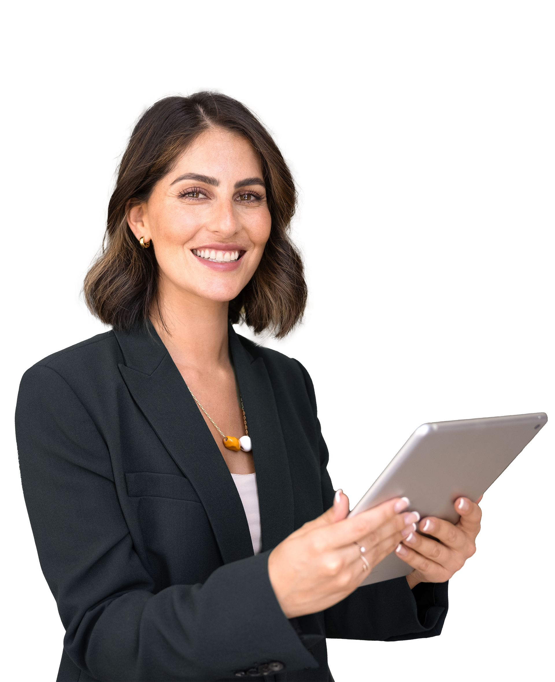 Woman in a blazer smiles, holding a tablet.
