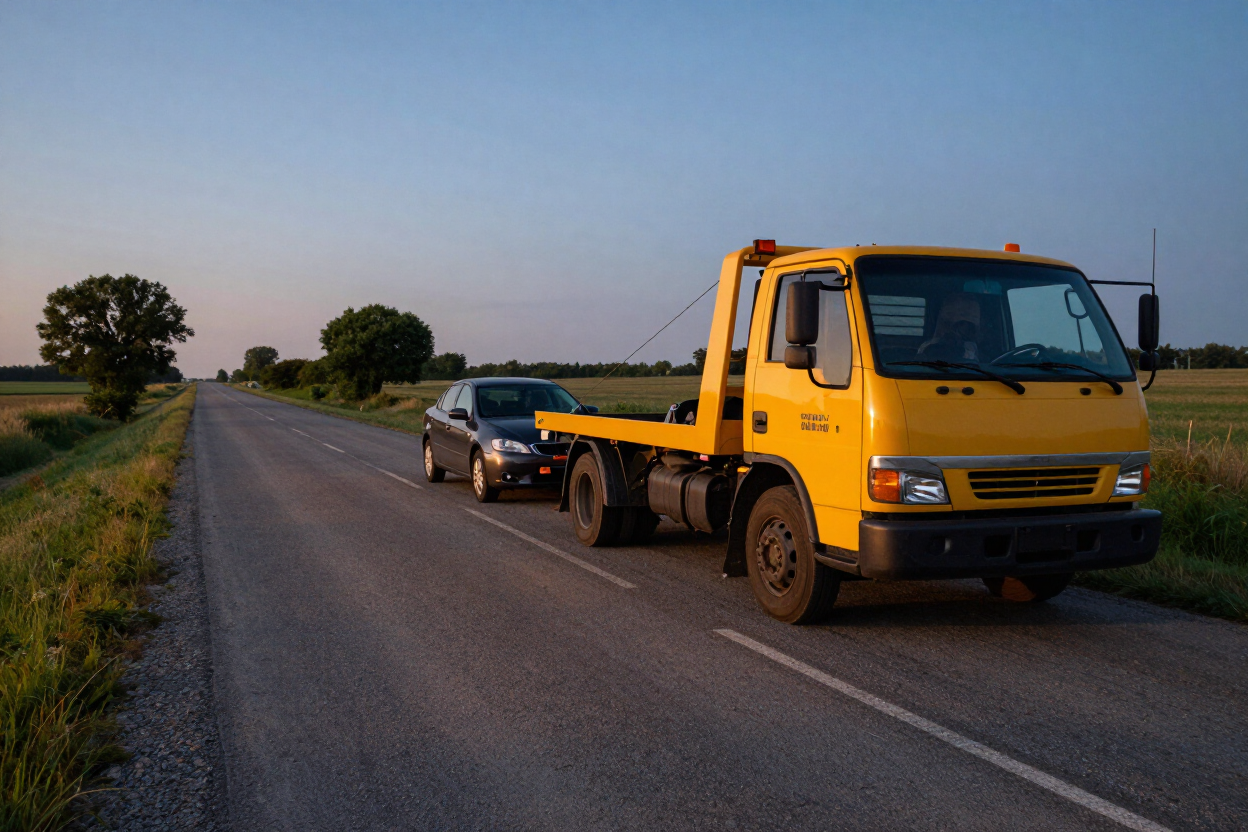 Tow truck hooking up a vehicle on a rural road