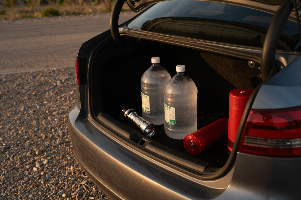 Open trunk with emergency supplies on a gravel shoulder