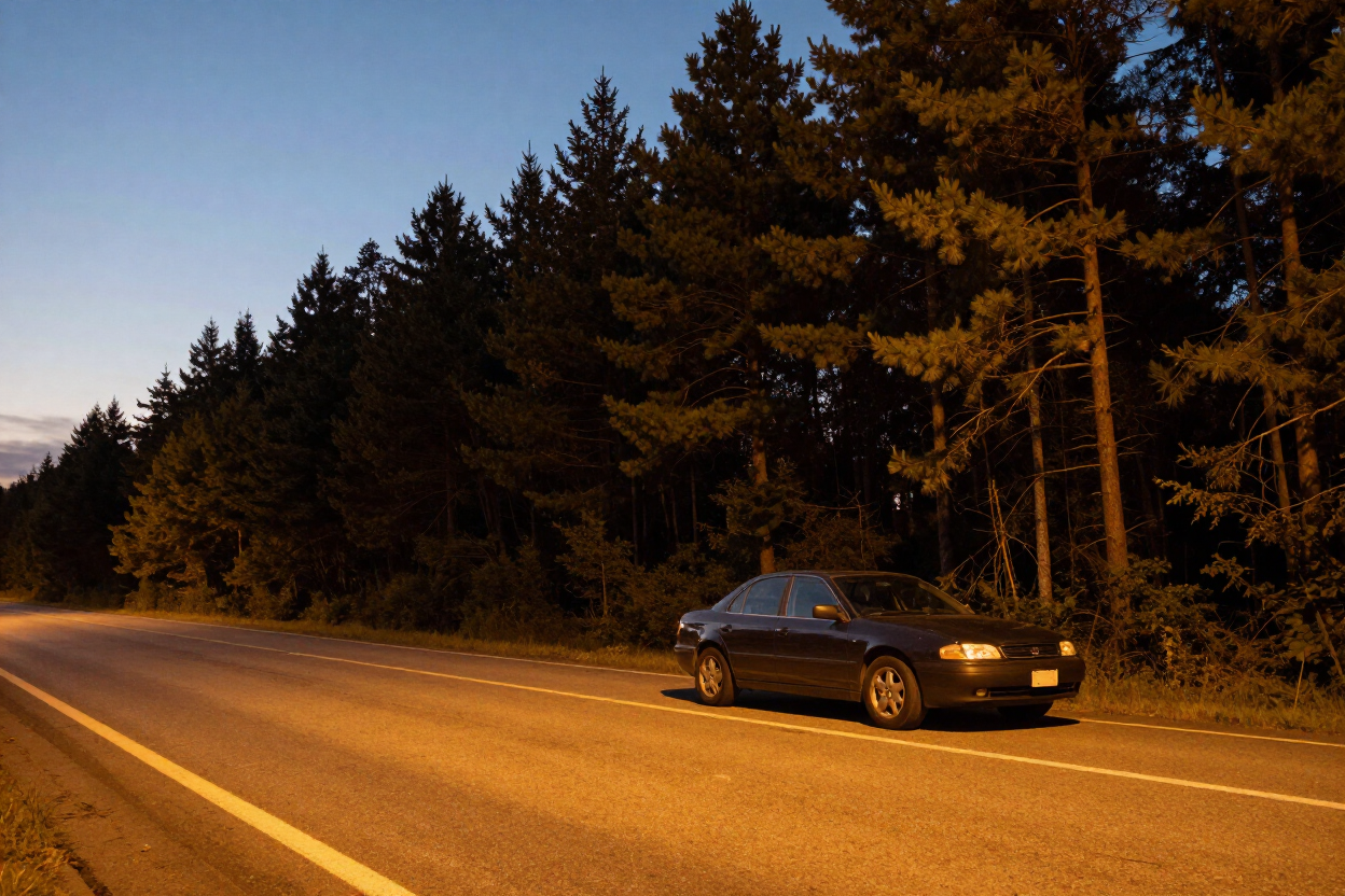 Car pulled onto a Mississippi highway shoulder at dusk