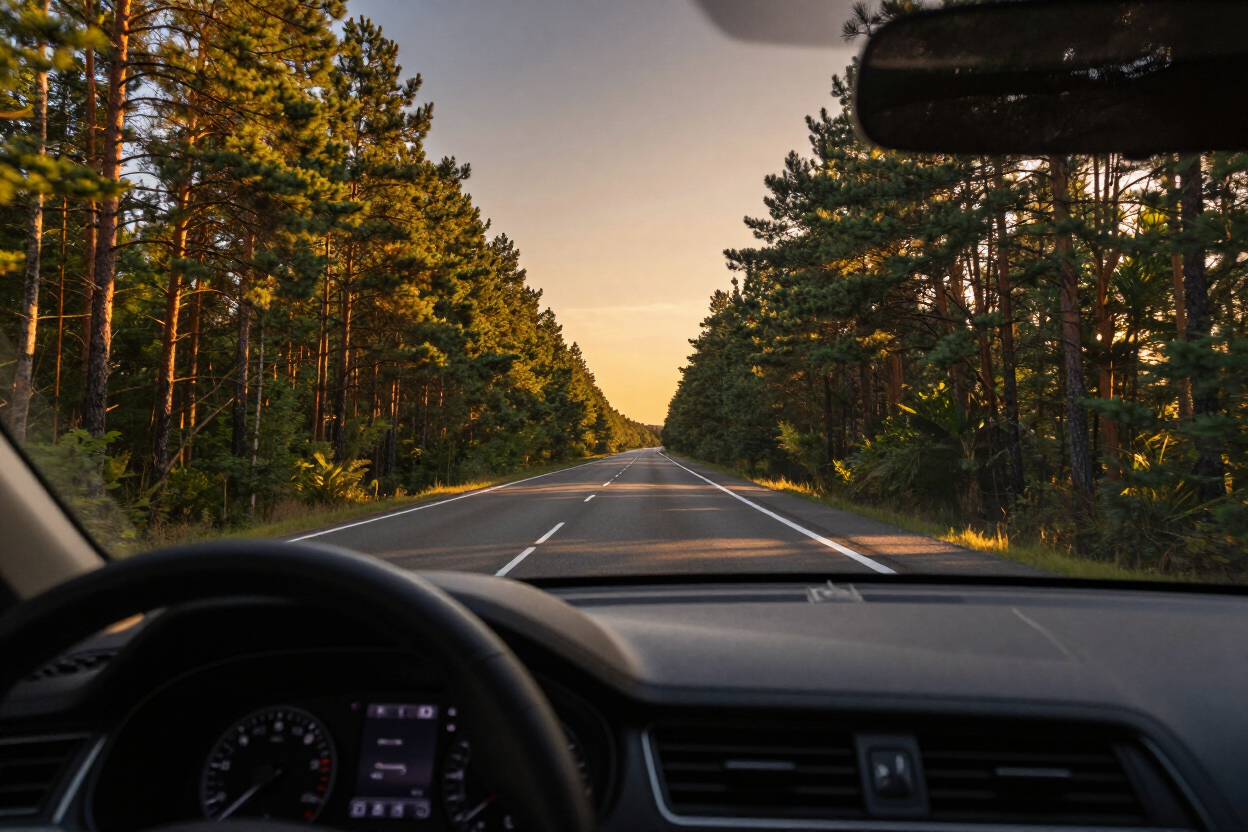 Dashboard view of a highway toward pine woods