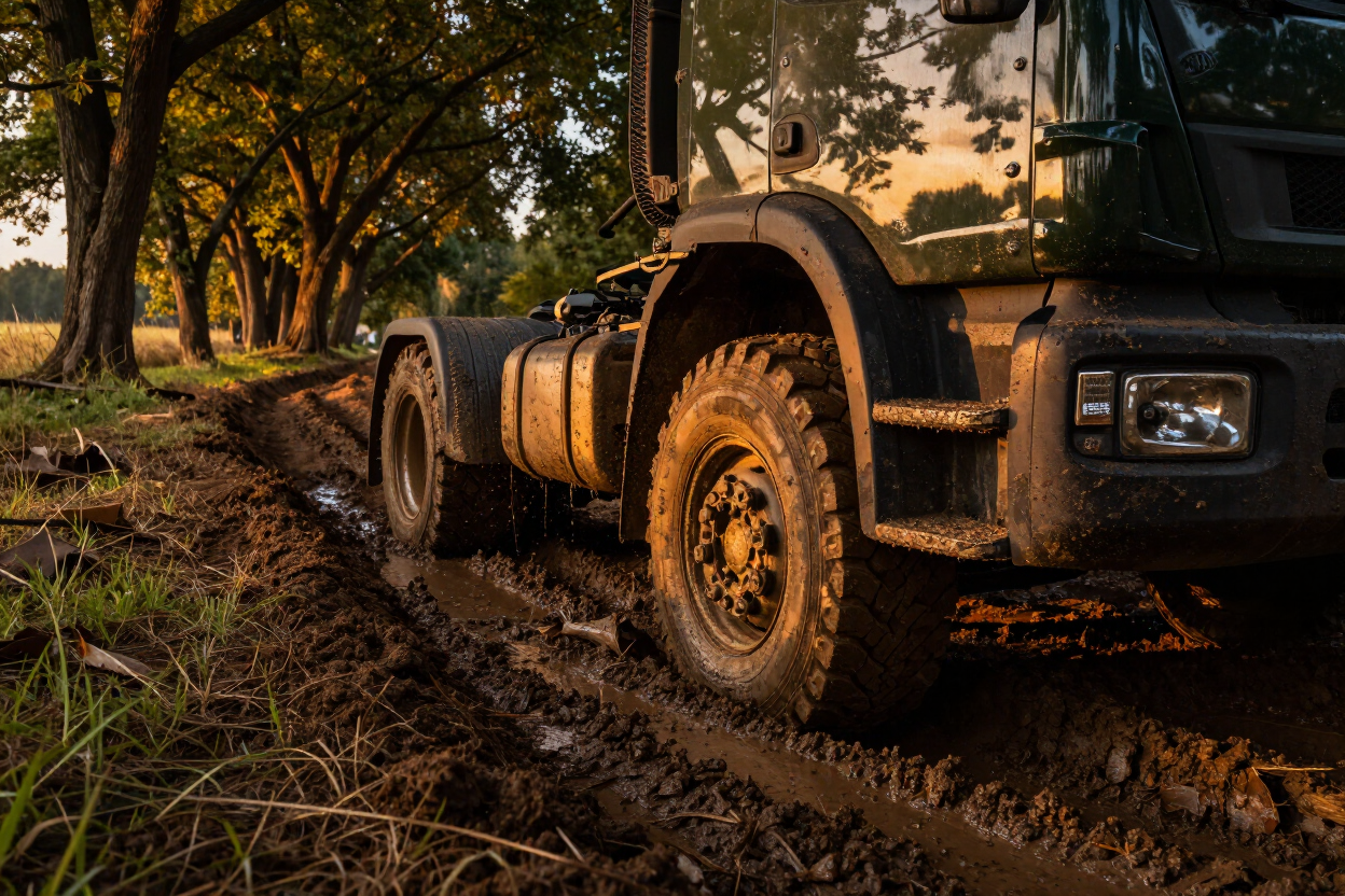 Truck partially sunk in a muddy ditch beside a tree line