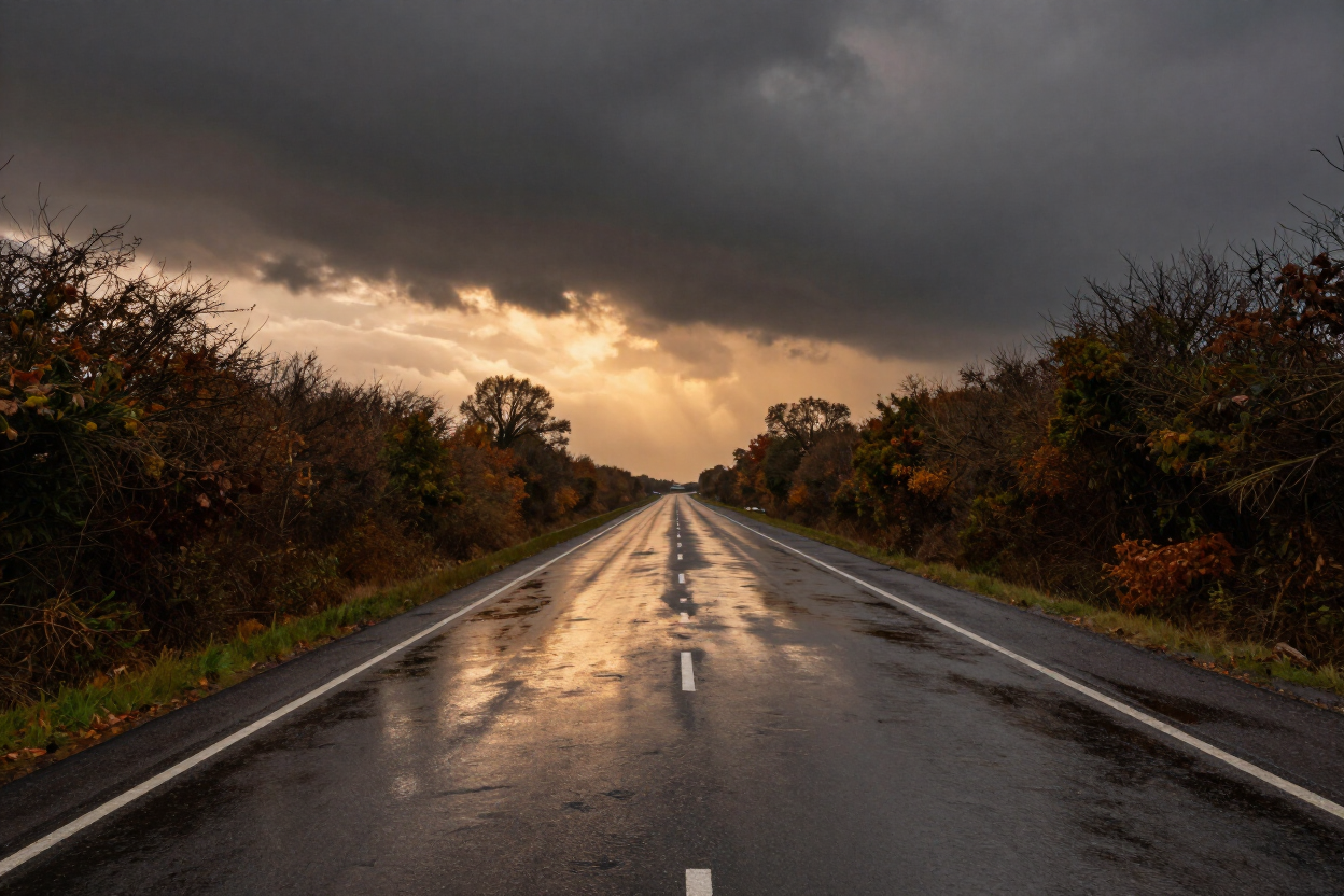 Rain-slicked rural highway under storm clouds