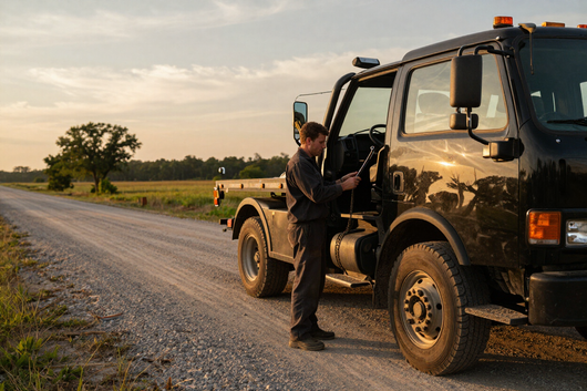 Marcus Taylor checking tow truck equipment on a rural Mississippi roadside