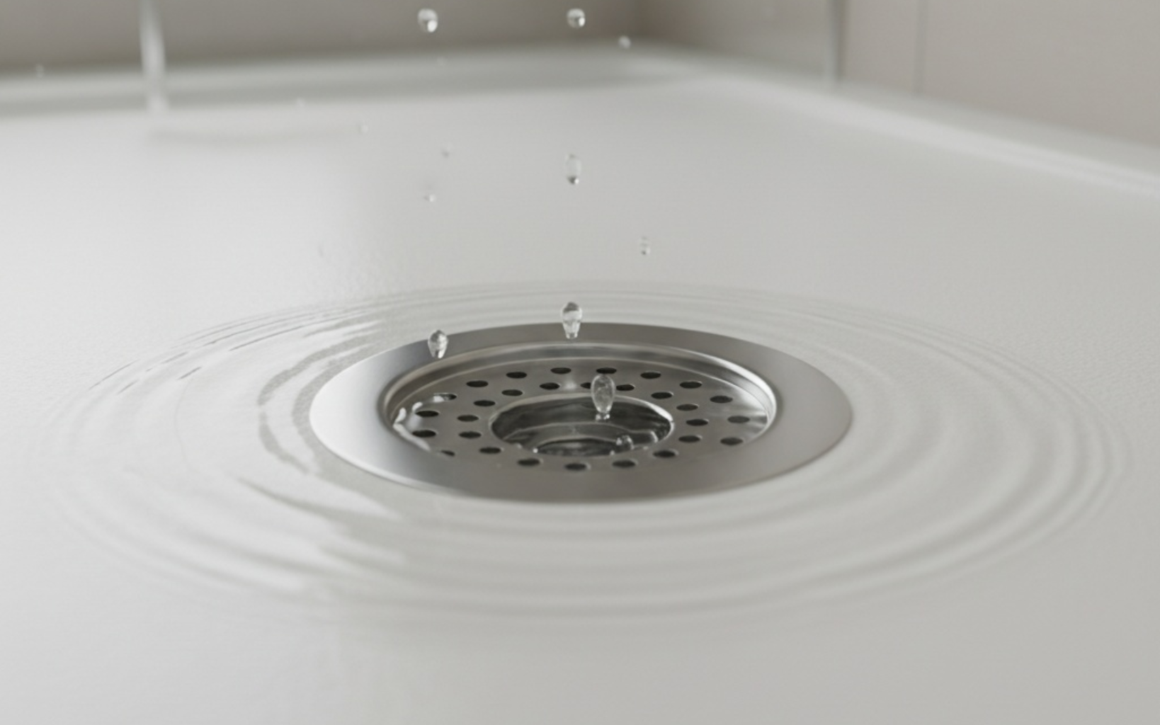 Water droplets falling into a sink drain, creating concentric ripples. Bright, modern setting.