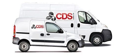 Two white vans are parked next to each other on a white background with CDS Ltd logo on them.