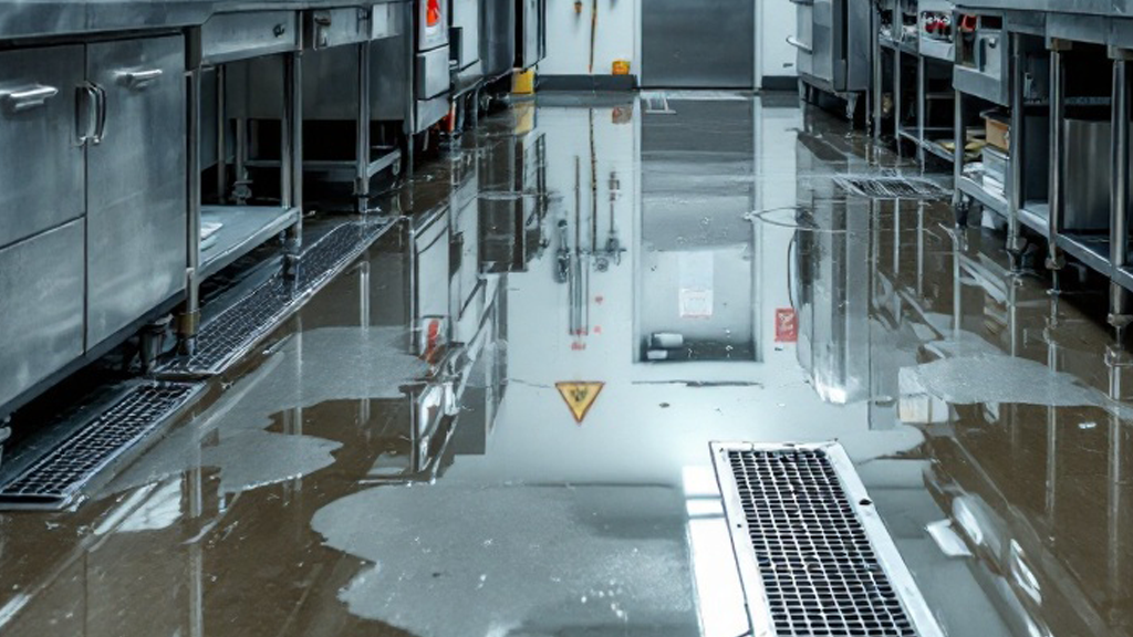 A kitchen with stainless steel appliances and a drain on the floor
