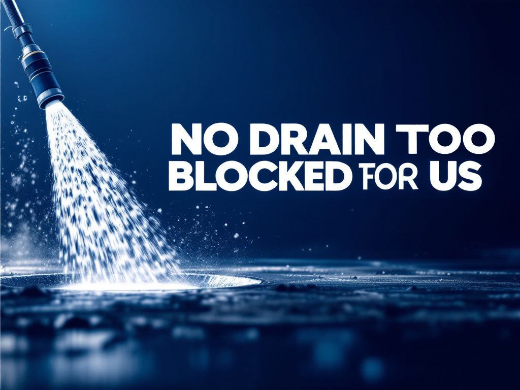A picture of a high pressure washer spraying water with the words `` no drain too blocked for us ''.