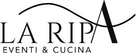 Logo con la scritta “LA RIPA EVENTI & CUCINA” in nero e una linea curva stilizzata sopra.
