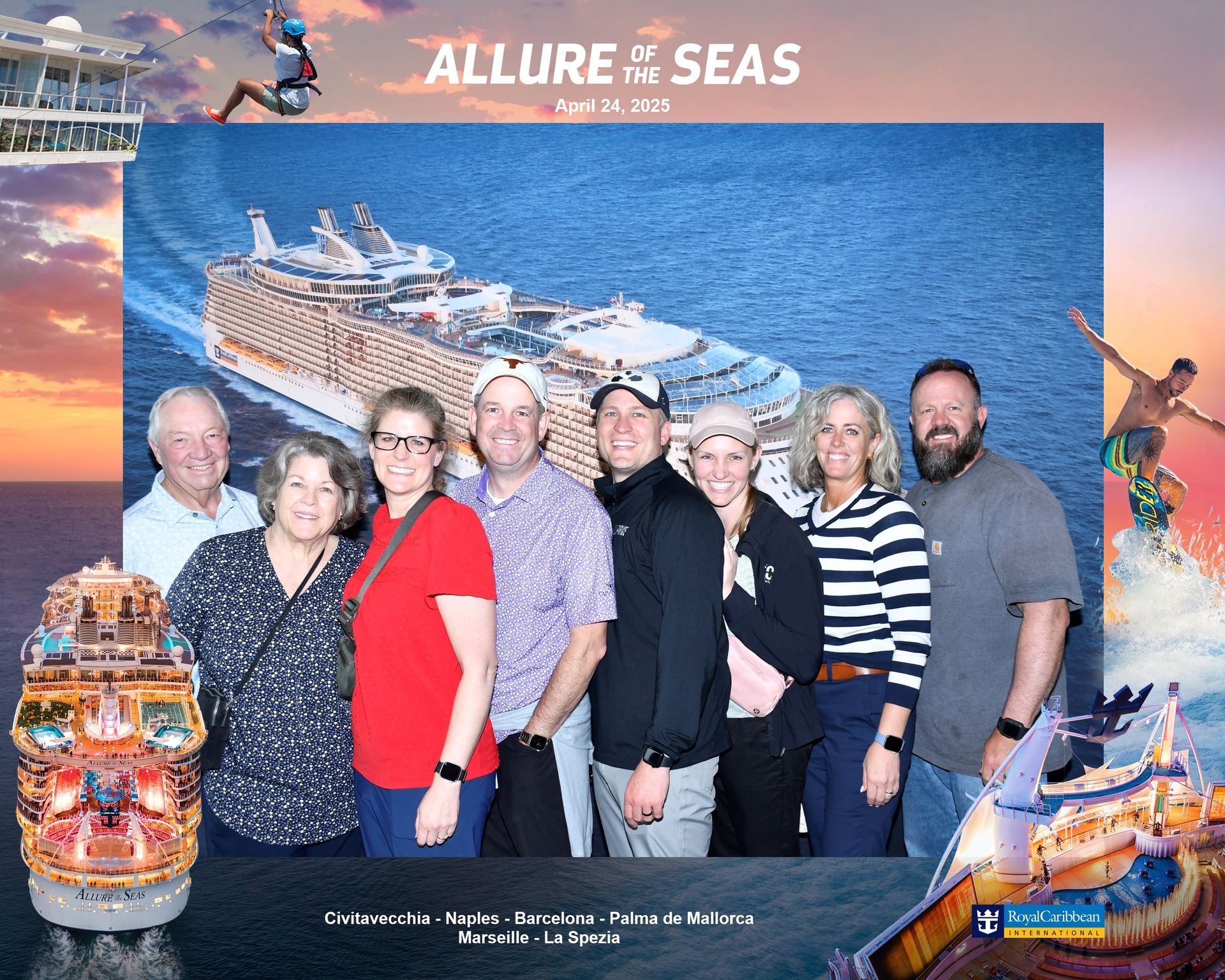 Group posing in front of Allure of the Seas cruise ship mural and cruise-themed display booth.