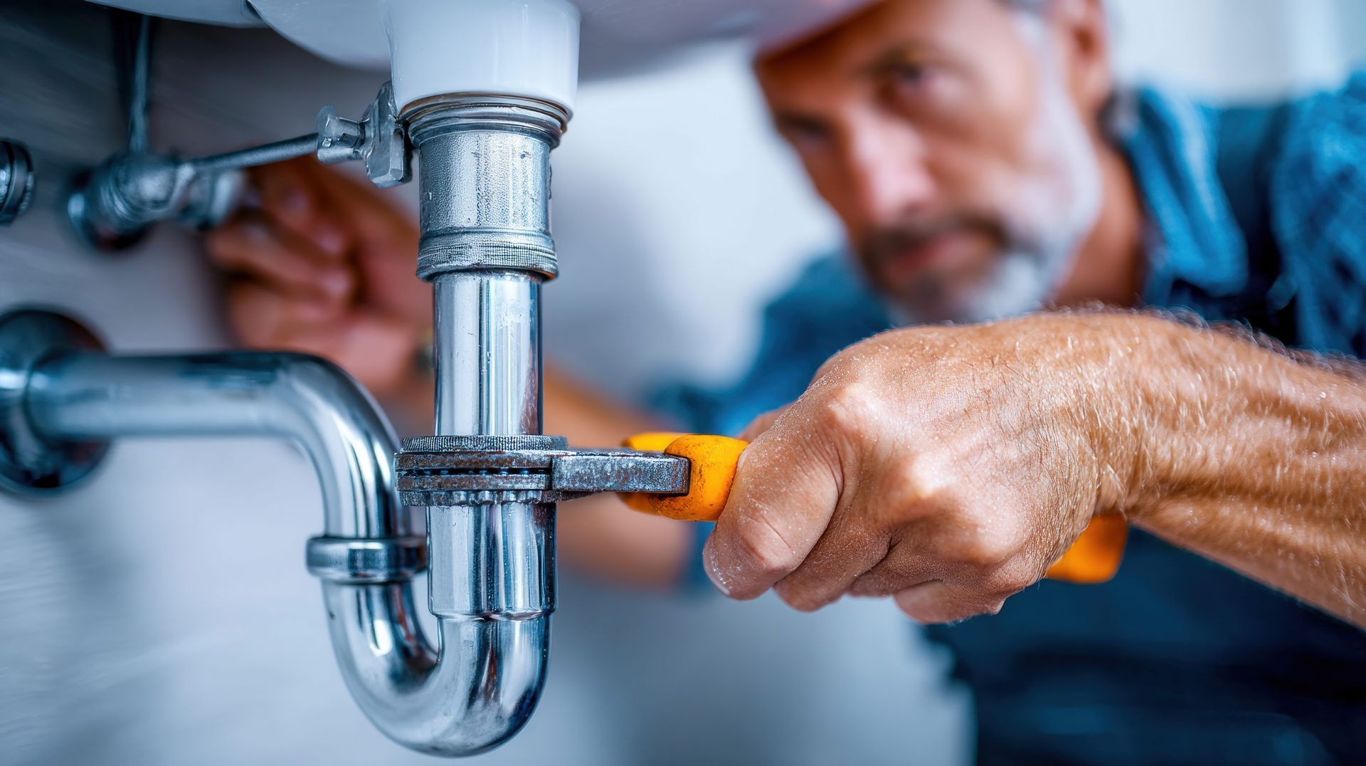 Close-up of plumber tightening sink pipe with a wrench.