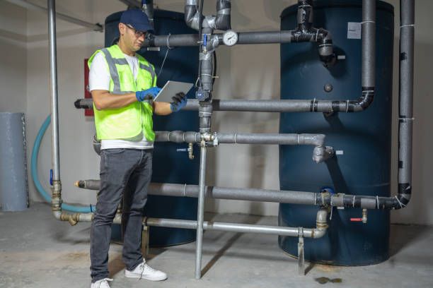 A person in a safety vest examines water system pipes and tanks with a tablet.