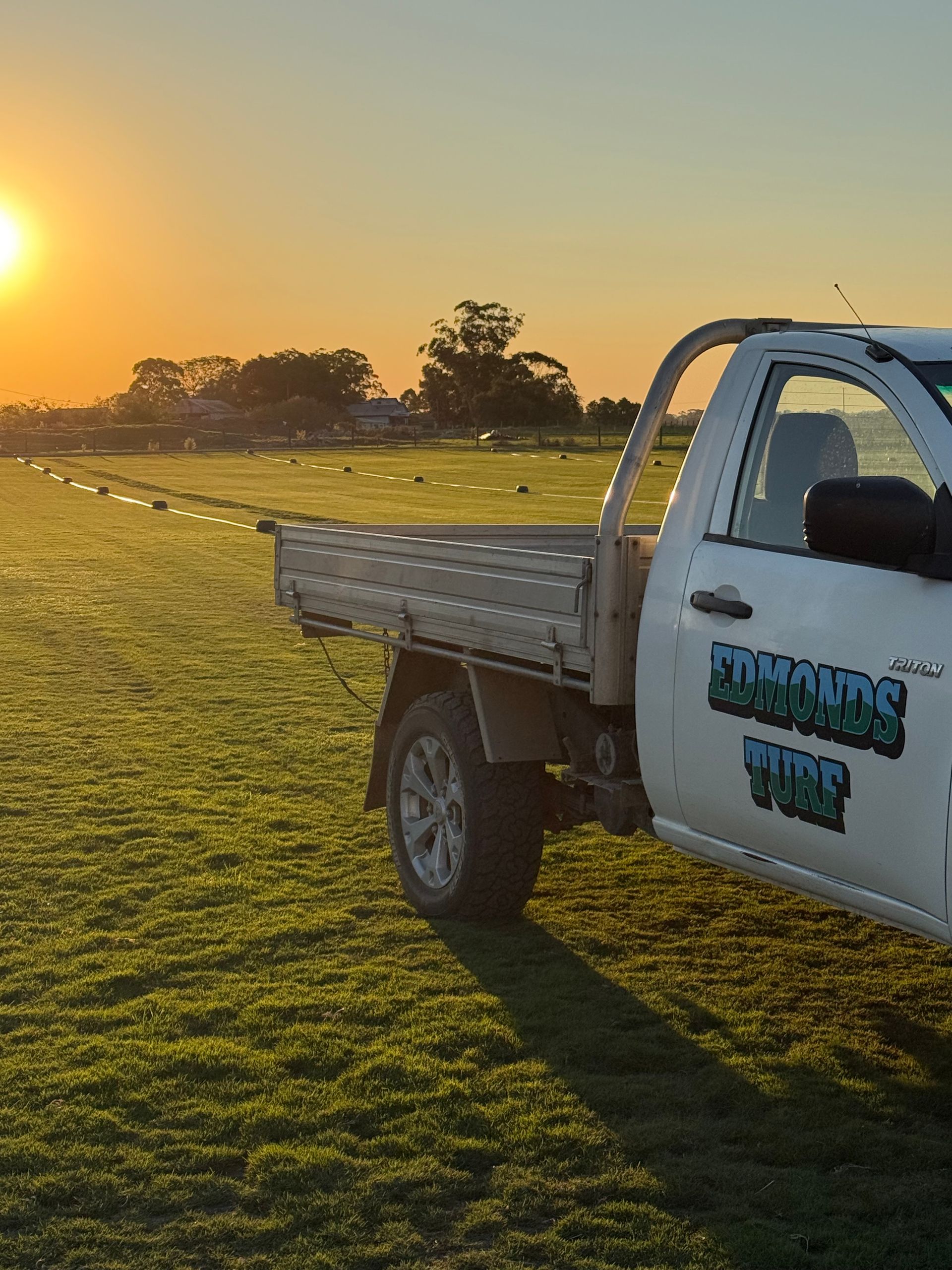 White Pickup Truck in a Grassy Field at Sunset — Edmonds Turf in Port Stephens, NSW