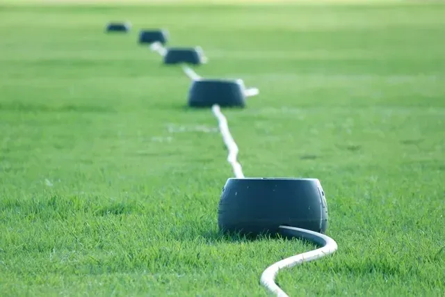 Blue Field Markers Aligned on A Grassy Sports Field — Edmonds Turf in Louth Park, NSW