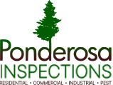 Logo for Ponderosa Inspections featuring a green pine tree above the company name in green and brown text.