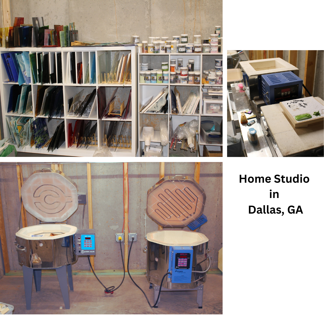 Home studio with shelving, pottery wheels, and kiln; labeled “Home Studio in Dallas, GA”