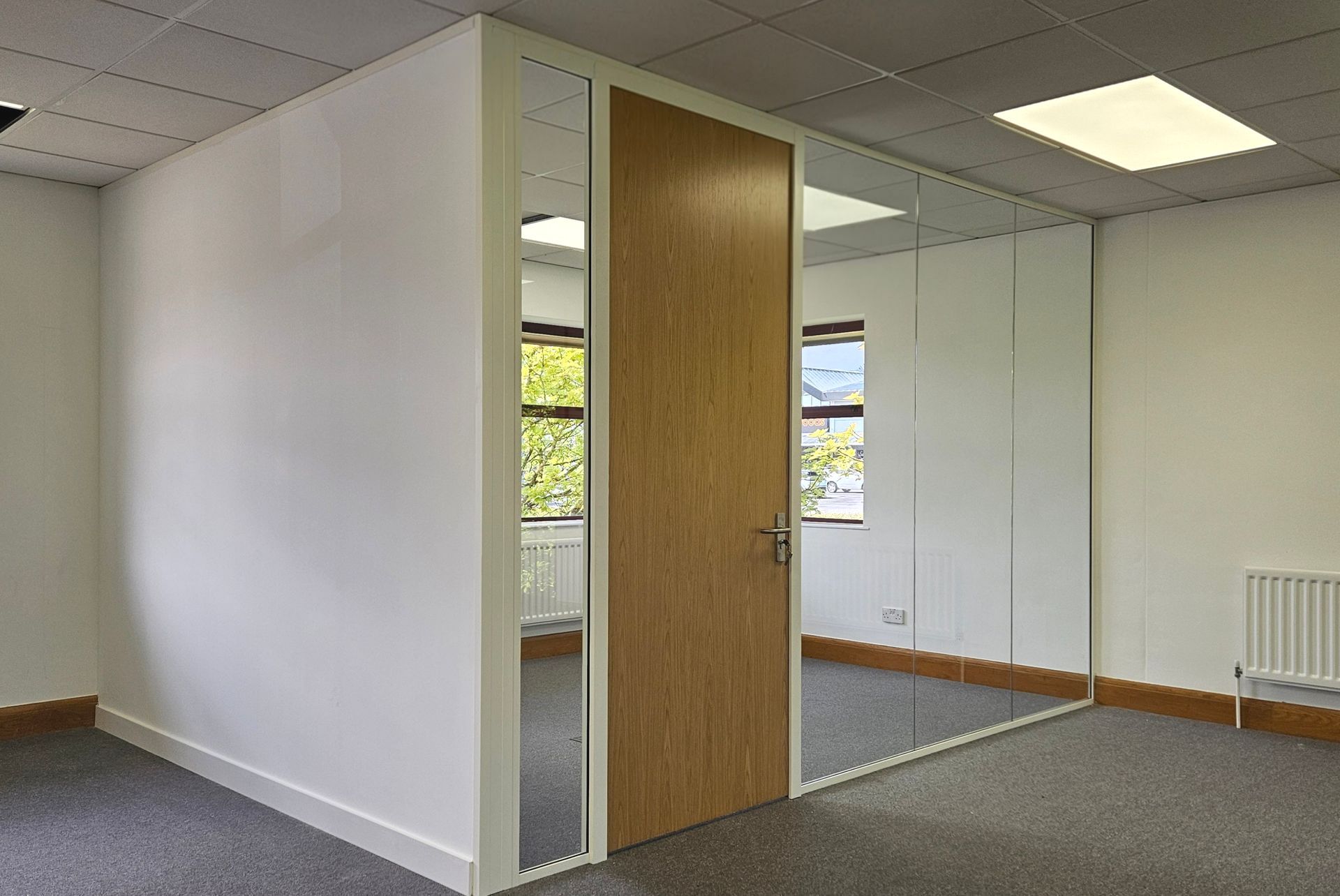 Single glazed office glass partitions in Sunderland with timber doors
