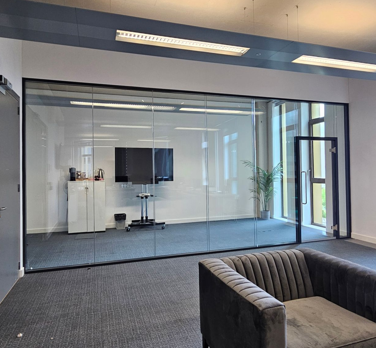 Double Glazed Office Glass Partition with Black Frame Including Glass Door for a Commercial Project in Newcastle upon Tyne 