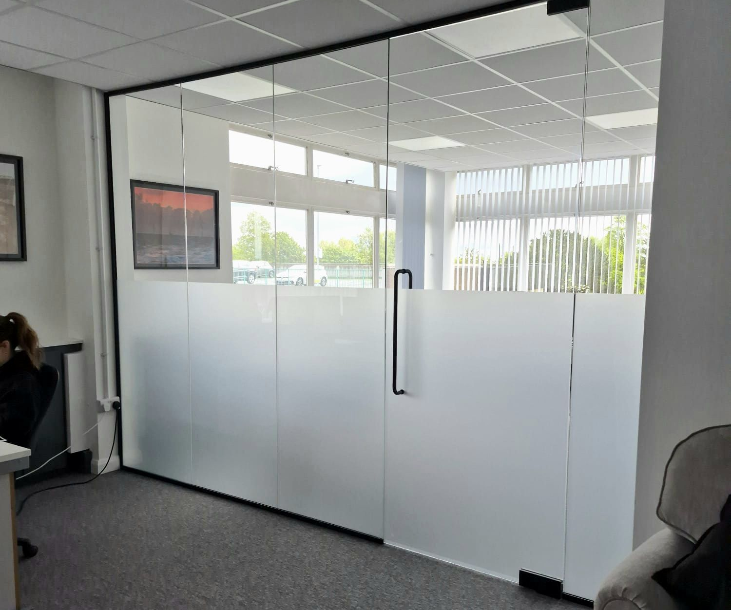 Modern frameless glass office partition installation Gosforth, Newcastle