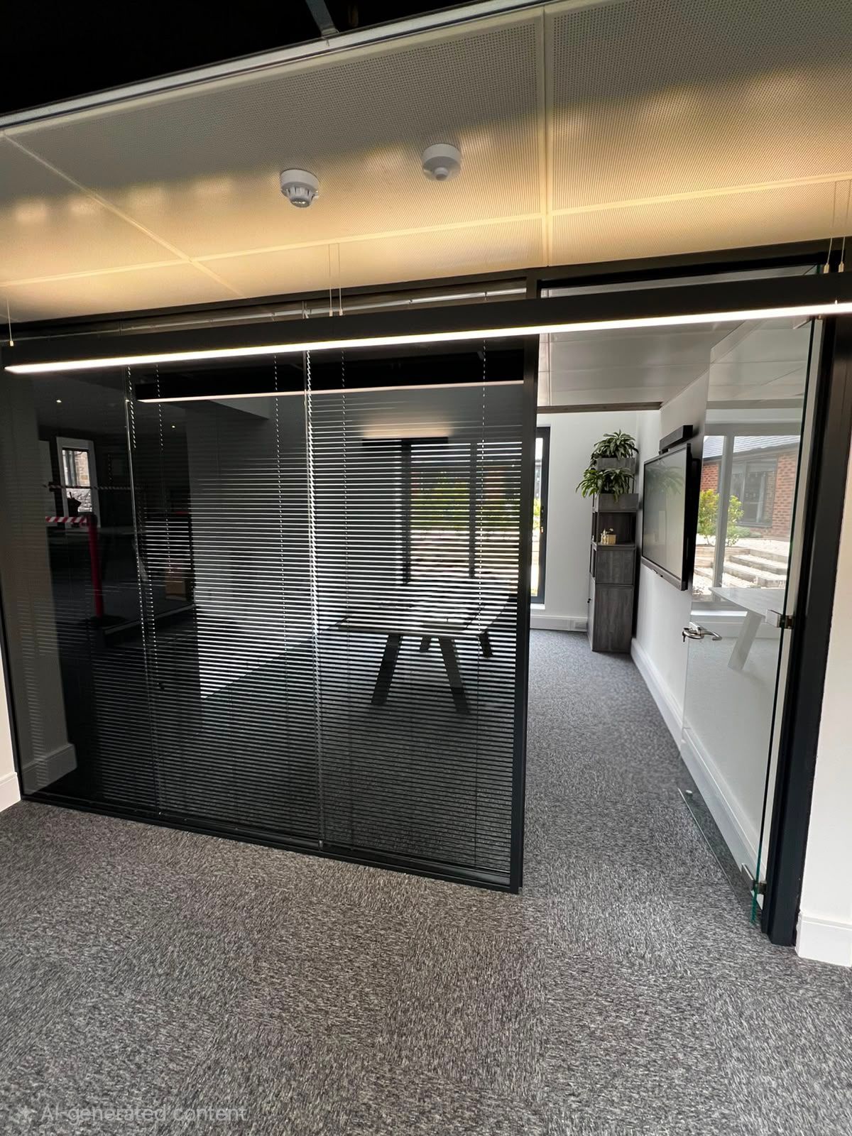 Acoustic double glazed glass office partitions installed with with integral blinds