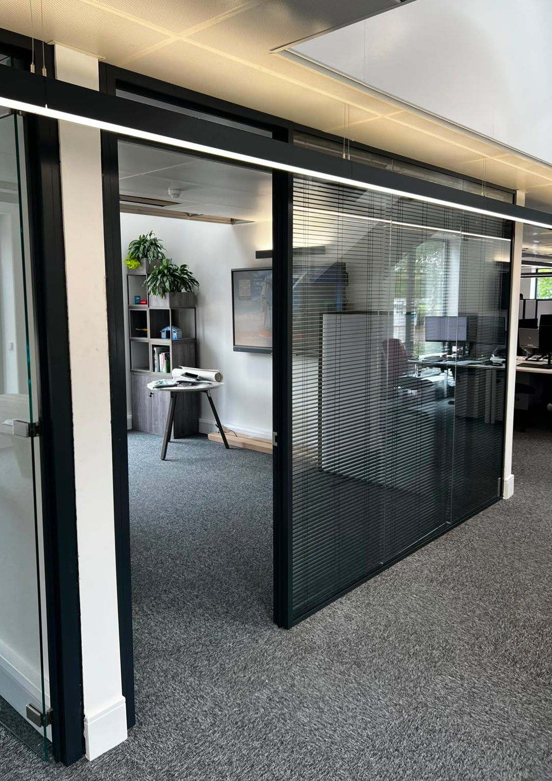 Office glass partitions with integral blinds installed close to Hexham