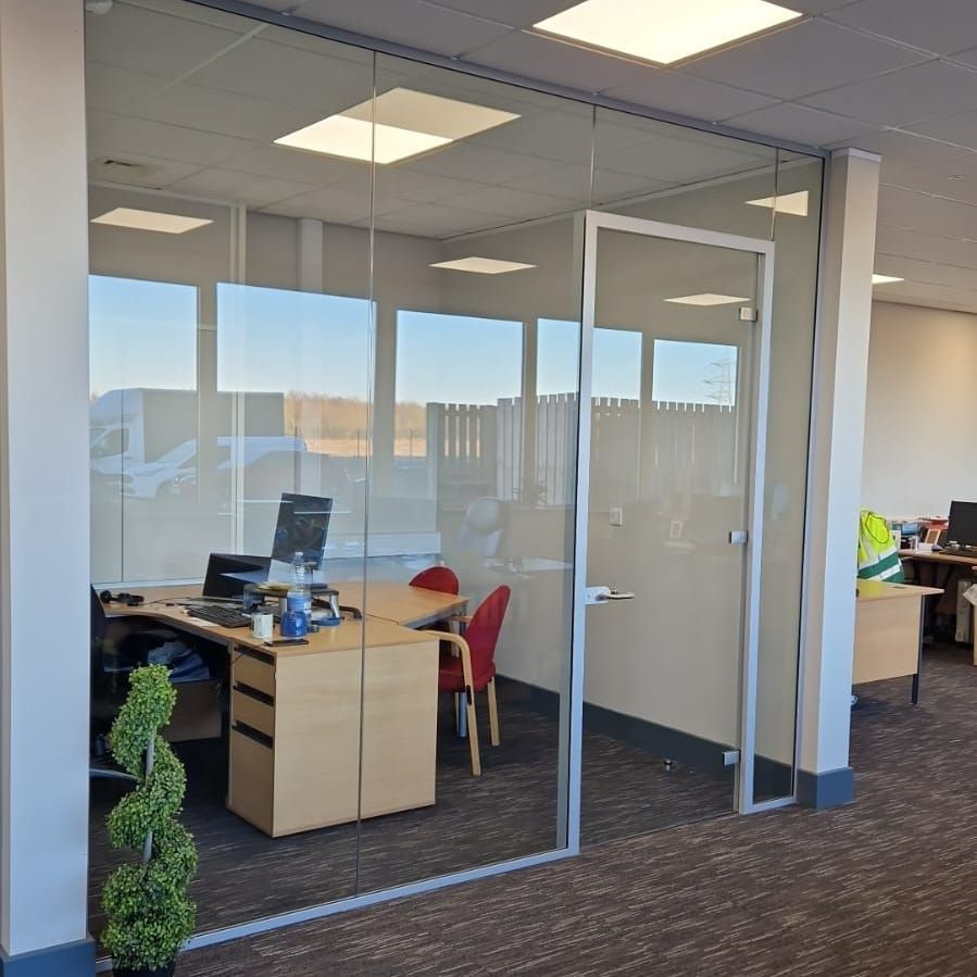 Single Glazed Glass Partition with Glass Door including Door Frame & Glass Over Panel for an Office in Sunderland