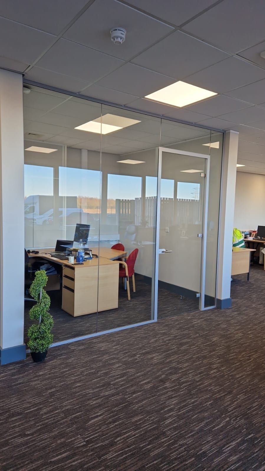 Single Glazed Glass Partition with Glass Door including Door Frame & Glass Over Panel for an Office in Sunderland