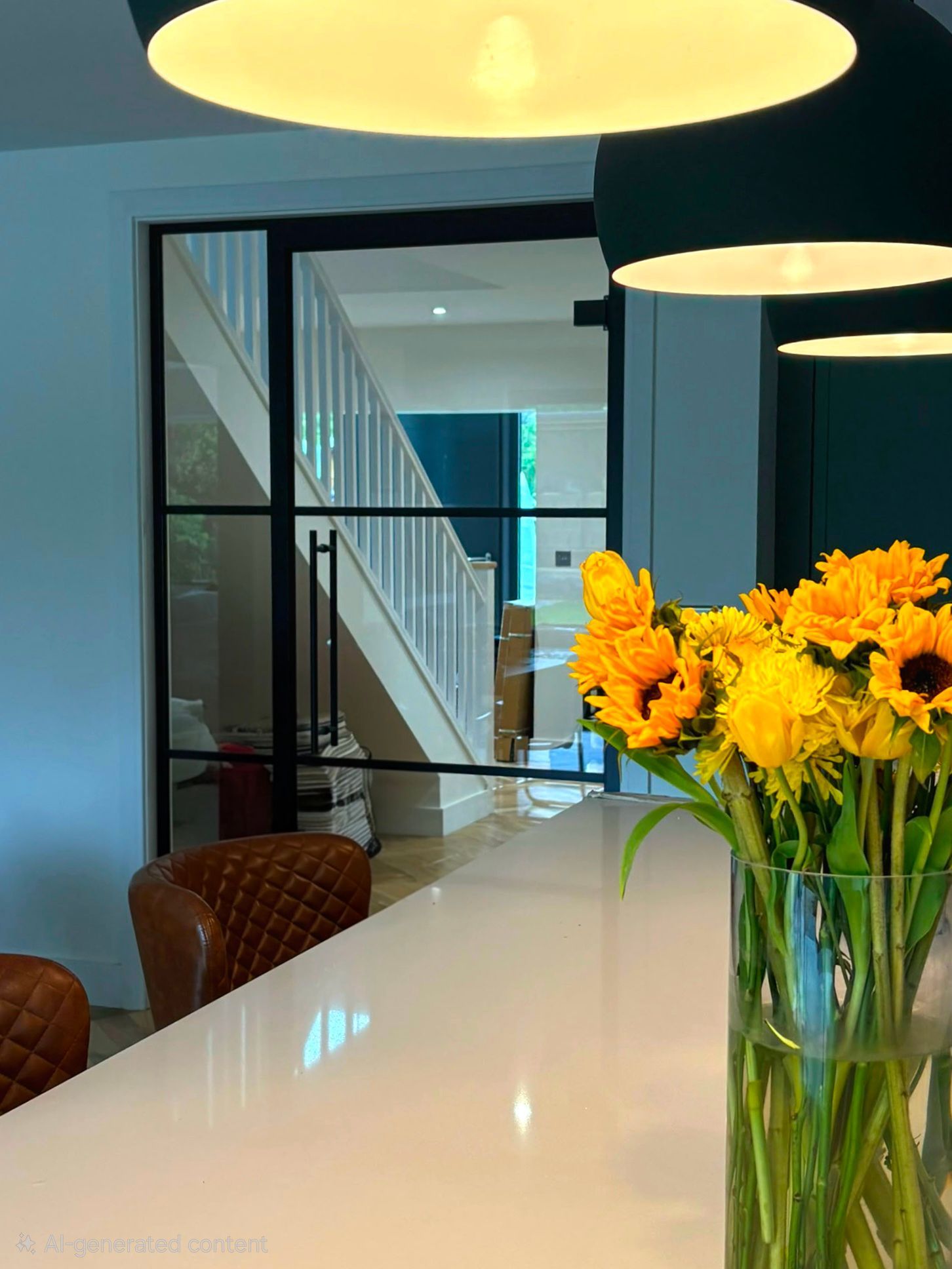 Black framed glass door separating hallway and kitchen