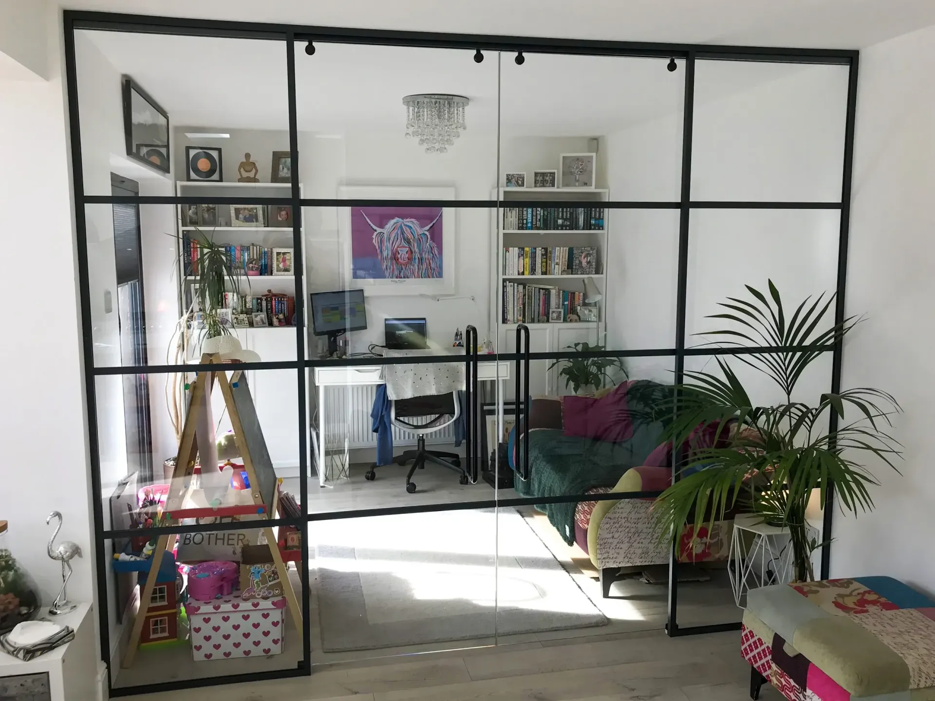 Glass Partition for Home Office with Frameless Double Sliding Glass Doors, enhanced by Aluminium Crittall Style Banding.