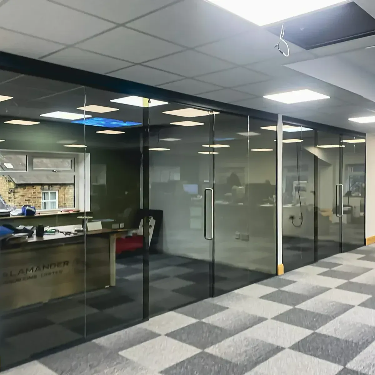 Black Aluminium Frameless Office Glass Partition, including Sliding Glass Doors